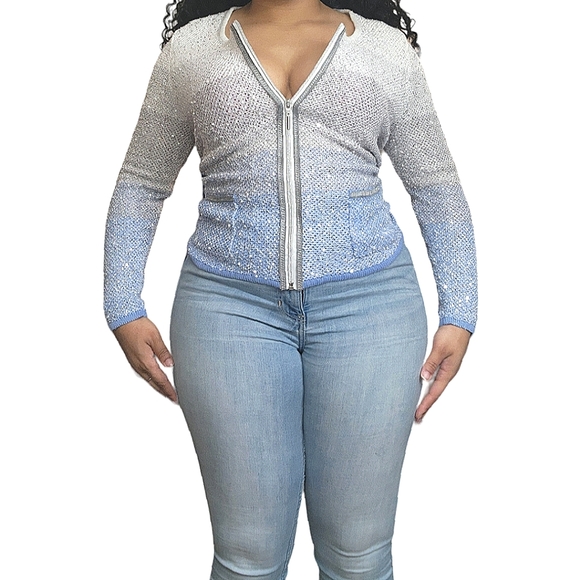 💙Laura Ashley Blue & White Sequin Ombre Knit Jacket☆ - Picture 2 of 3